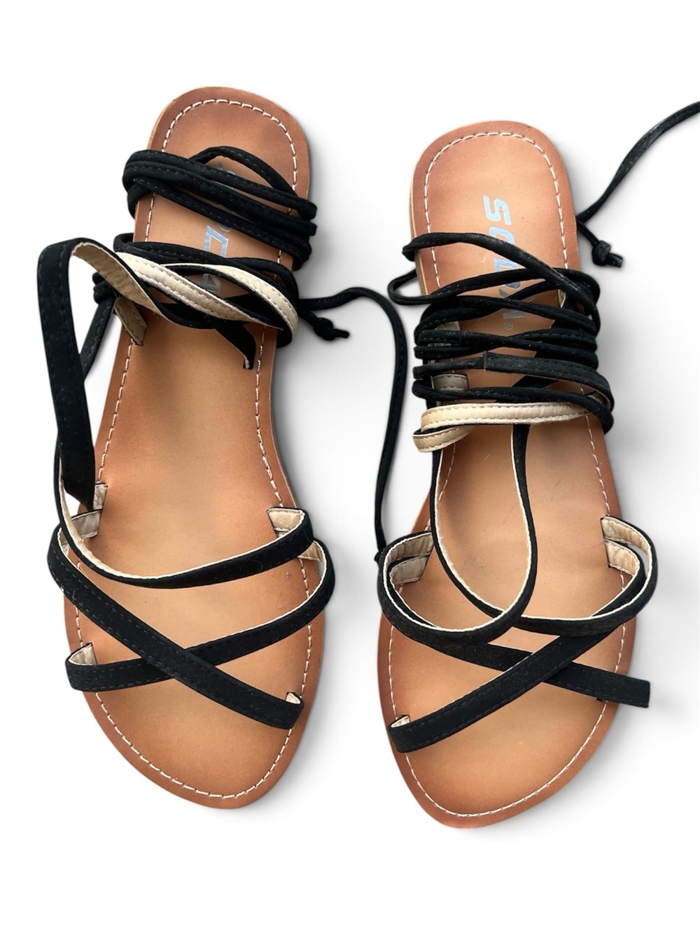 Soda Black and Tan Lace-Up Strappy Sandals